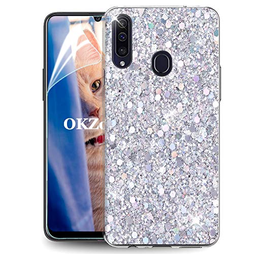 OKZone Kompatible mit Samsung Galaxy A20S Hülle [mit HD-Schutzfolie], Glitzer Design Weich TPU Bumper Case Silikon Schutzhülle Handy Tasche Rückseite Hülle Etui Cover TPU Bumper Schale (Silber) von OKZone