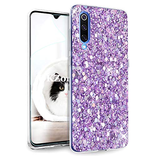 OKZone Kompatible mit Xiaomi Mi 9 Hülle [mit HD-Schutzfolie], Glitzer Design Weich TPU Bumper Case Silikon Schutzhülle Handy Tasche Rückseite Hülle Etui Cover TPU Bumper Schale (Lila) von OKZone