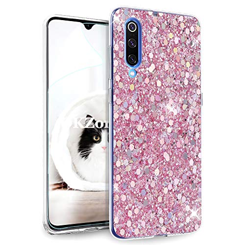 OKZone Kompatible mit Xiaomi Mi 9 Hülle [mit HD-Schutzfolie], Glitzer Design Weich TPU Bumper Case Silikon Schutzhülle Handy Tasche Rückseite Hülle Etui Cover TPU Bumper Schale (Rosa) von OKZone