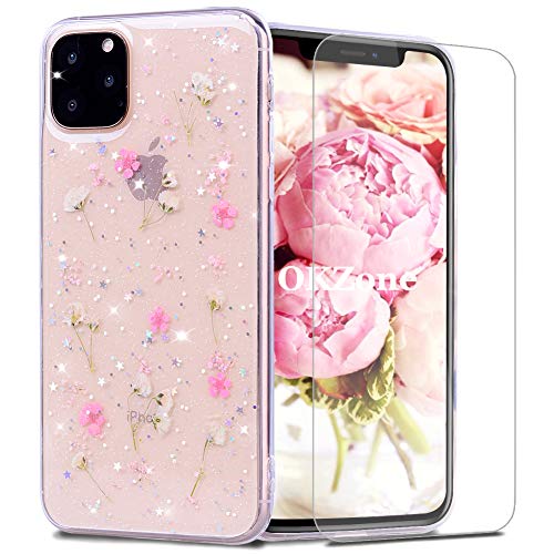 OKZone Kompatible mit iPhone 11 Pro Max (6,5 Zoll) Hülle [mit HD-Schutzfolie], [Getrocknete Blumen] Blume Gepresst Handyhülle Kristall Gel Schale Schutz Echte Blume Bumper Case Cover Hülle (Rosa) von OKZone