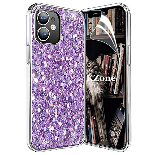 OKZone Kompatible mit iPhone 12 Mini (5,4 Zoll) Hülle [mit HD-Schutzfolie], Glitzer Design Weich TPU Bumper Case Silikon Schutzhülle Handy Tasche Rückseite Hülle Etui Cover TPU Bumper Schale (Lila) von OKZone