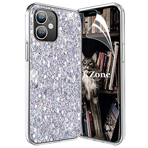 OKZone Kompatible mit iPhone 12 Mini (5,4 Zoll) Hülle [mit HD-Schutzfolie], Glitzer Design Weich TPU Bumper Case Silikon Schutzhülle Handy Tasche Rückseite Hülle Etui Cover TPU Bumper Schale (Silber) von OKZone
