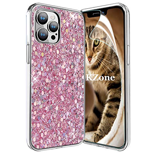 OKZone Kompatible mit iPhone 12 Pro Max (6,5 Zoll) Hülle [mit HD-Schutzfolie], Glitzer Design Weich TPU Bumper Case Silikon Schutzhülle Handy Tasche Rückseite Hülle Etui Cover TPU Bumper Schale (Rosa) von OKZone