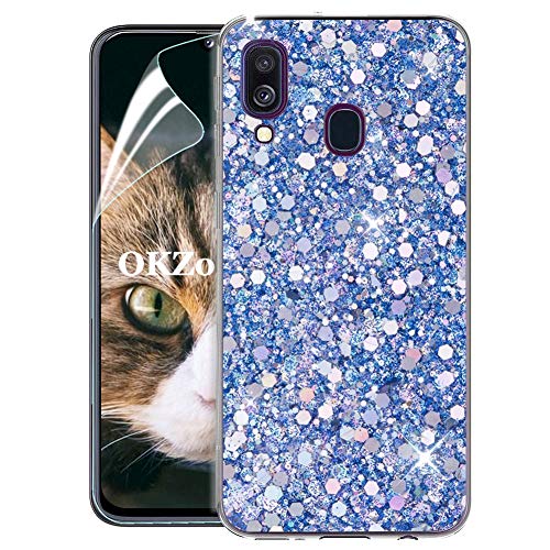 OKZone Samsung Galaxy A40 Hülle [mit HD-Schutzfolie], Luxus Glitzer Bling Design Weich TPU Bumper Case Silikon Schutzhülle Handy Tasche Rückseite TPU Bumper Schale für Galaxy A40 (Blau) von OKZone