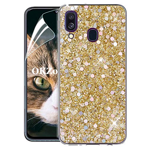 OKZone Samsung Galaxy A40 Hülle [mit HD-Schutzfolie], Luxus Glitzer Bling Design Weich TPU Bumper Case Silikon Schutzhülle Handy Tasche Rückseite TPU Bumper Schale für Galaxy A40 (Gold) von OKZone