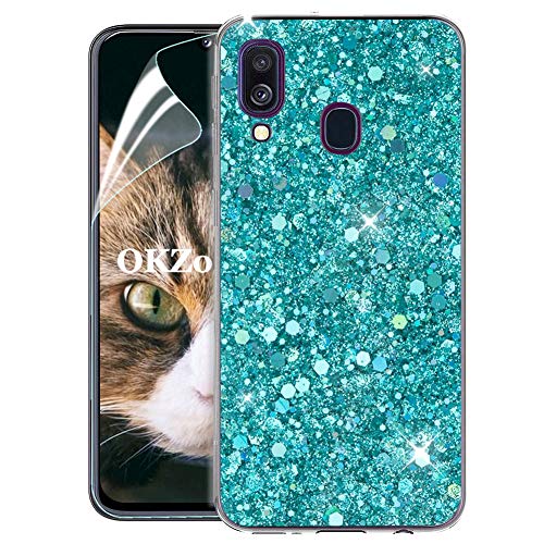 OKZone Samsung Galaxy A40 Hülle [mit HD-Schutzfolie], Luxus Glitzer Bling Design Weich TPU Bumper Case Silikon Schutzhülle Handy Tasche Rückseite TPU Bumper Schale für Galaxy A40 (Grün) von OKZone