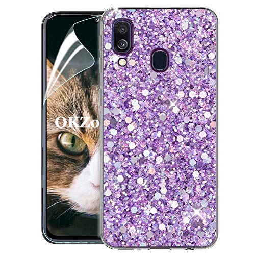 OKZone Samsung Galaxy A40 Hülle [mit HD-Schutzfolie], Luxus Glitzer Bling Design Weich TPU Bumper Case Silikon Schutzhülle Handy Tasche Rückseite TPU Bumper Schale für Galaxy A40 (Lila) von OKZone