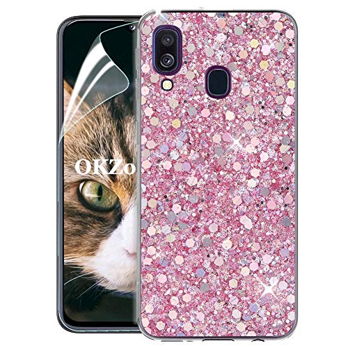 OKZone Samsung Galaxy A40 Hülle [mit HD-Schutzfolie], Luxus Glitzer Bling Design Weich TPU Bumper Case Silikon Schutzhülle Handy Tasche Rückseite TPU Bumper Schale für Galaxy A40 (Rosa) von OKZone