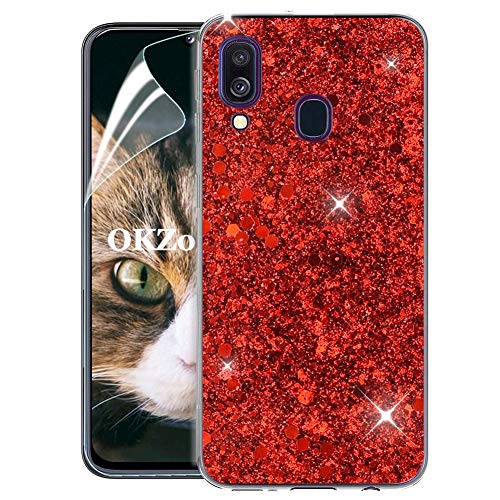 OKZone Samsung Galaxy A40 Hülle [mit HD-Schutzfolie], Luxus Glitzer Bling Design Weich TPU Bumper Case Silikon Schutzhülle Handy Tasche Rückseite TPU Bumper Schale für Galaxy A40 (Rot) von OKZone