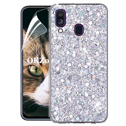 OKZone Samsung Galaxy A40 Hülle [mit HD-Schutzfolie], Luxus Glitzer Bling Design Weich TPU Bumper Case Silikon Schutzhülle Handy Tasche Rückseite TPU Bumper Schale für Galaxy A40 (Silber) von OKZone