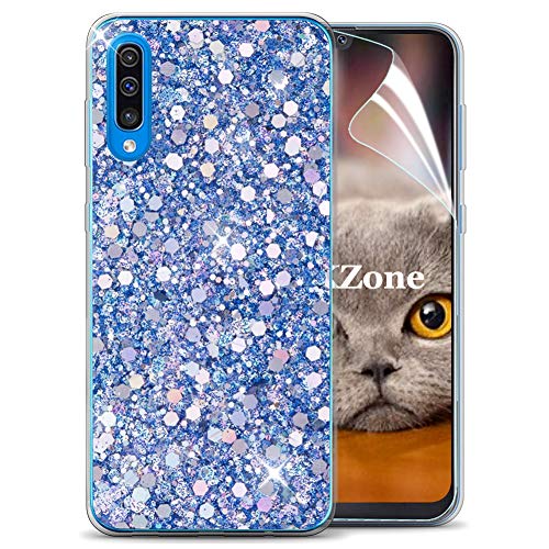 OKZone Samsung Galaxy A50 Hülle [mit HD-Schutzfolie], Luxus Glitzer Bling Design Weich TPU Bumper Case Silikon Schutzhülle Handy Tasche Rückseite TPU Bumper Schale für Galaxy A50 (Blau) von OKZone