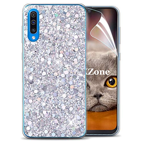 OKZone Samsung Galaxy A50 Hülle [mit HD-Schutzfolie], Luxus Glitzer Bling Design Weich TPU Bumper Case Silikon Schutzhülle Handy Tasche Rückseite TPU Bumper Schale für Galaxy A50 (Silber) von OKZone