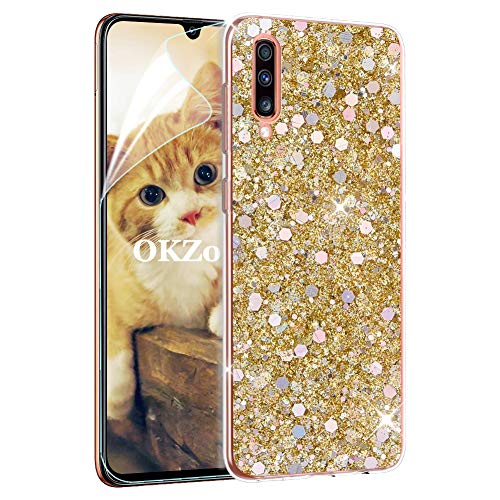 OKZone Samsung Galaxy A70 Hülle [mit HD-Schutzfolie], Luxus Glitzer Bling Design Weich TPU Bumper Case Silikon Schutzhülle Handy Tasche Rückseite TPU Bumper Schale für Galaxy A70 (Gold) von OKZone