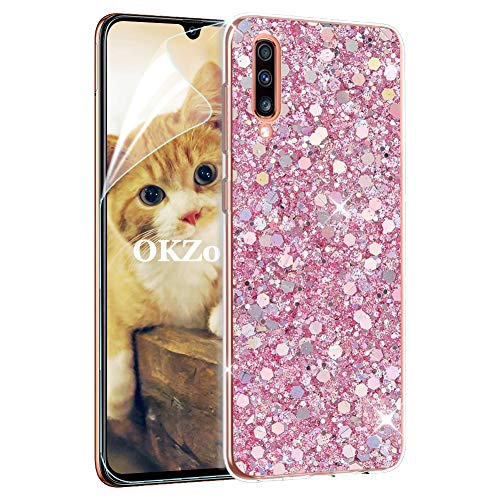 OKZone Samsung Galaxy A70 Hülle [mit HD-Schutzfolie], Luxus Glitzer Bling Design Weich TPU Bumper Case Silikon Schutzhülle Handy Tasche Rückseite TPU Bumper Schale für Galaxy A70 (Rosa) von OKZone