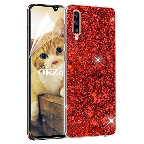 OKZone Samsung Galaxy A70 Hülle [mit HD-Schutzfolie], Luxus Glitzer Bling Design Weich TPU Bumper Case Silikon Schutzhülle Handy Tasche Rückseite TPU Bumper Schale für Galaxy A70 (Rot) von OKZone