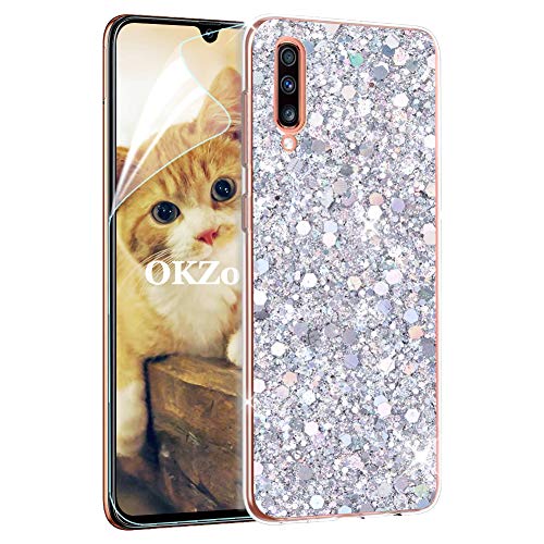 OKZone Samsung Galaxy A70 Hülle [mit HD-Schutzfolie], Luxus Glitzer Bling Design Weich TPU Bumper Case Silikon Schutzhülle Handy Tasche Rückseite TPU Bumper Schale für Galaxy A70 (Silber) von OKZone