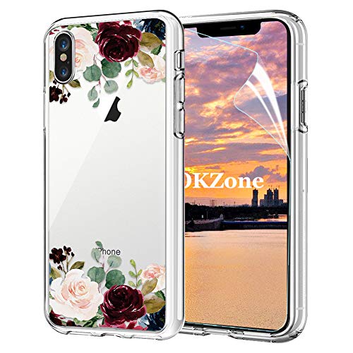 OKZone iPhone XS/iPhone X Hülle [mit HD-Schutzfolie], [Blumen Series] Transparent Weiche Silikon Malerei Muster Hülle TPU Blühende Blumen Design Schutzhülle für Apple iPhone XS/iPhone X (Rosa/Rot) von OKZone