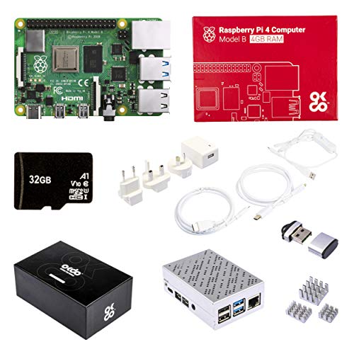 OKDO OKDO Raspberry Pi 4 4 GB Starter-Kit – Raspberry Pi 4 Modell B 4 GB, 32 GB Micro-SD-Karte mit Noobs, USB-C-Kabel, Netzteil, 2 x HDMI-Kabel, 3 x Kühlkörper, Aluminiumgehäuse mit Lüfter 4 GB von OKdo