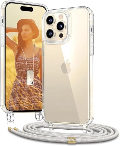 OLEPHY Handykette für iPhone 15 Pro Hülle mit Band, [Verstellbarem und Demontage Umhängeband], Transparente Handyhülle mit Kordel zum Umhängen für Wanderungen & Outdoor | Freiheit für Hände, Beige von OLEPHY