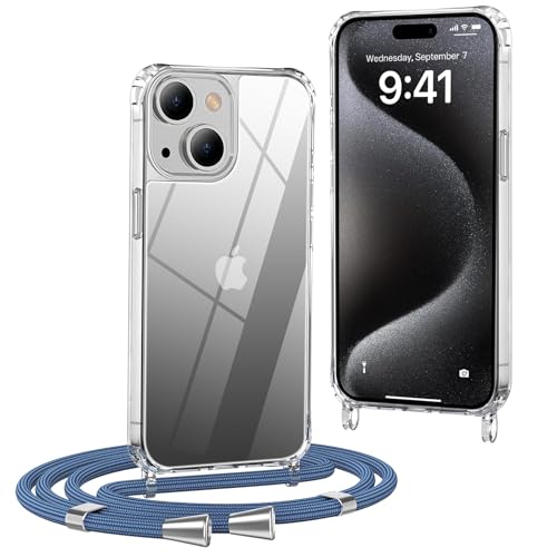 OLEPHY Handykette kompatibel mit iPhone 13 Hülle mit Band (6,1 Zoll), Handyhülle mit Verstellbarem und Demontage Umhängeband, Transparent Stoßfeste Schutzhülle zum Umhängen Kordel, Blau von OLEPHY