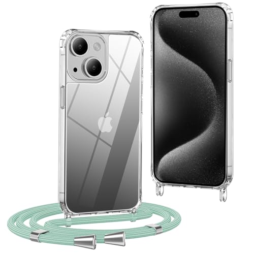 OLEPHY Handykette kompatibel mit iPhone 14 Hülle mit Band (6,1 Zoll), Handyhülle mit Verstellbarem und Demontage Umhängeband, Transparent Stoßfeste Schutzhülle zum Umhängen Kordel, MatchaGrün von OLEPHY