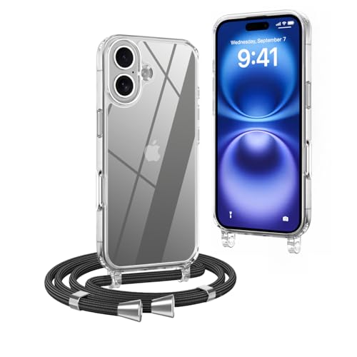 OLEPHY Handykette kompatibel mit iPhone 16 Plus Hülle mit Band (6,7 Zoll), Handyhülle mit Verstellbarem und Demontage Umhängeband, Transparent Stoßfeste Schutzhülle zum Umhängen Kordel, Schwarz von OLEPHY