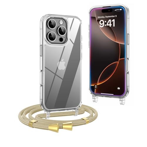 OLEPHY Handykette kompatibel mit iPhone 16 Pro Hülle mit Band (6,3 Zoll), Handyhülle mit Verstellbarem und Demontage Umhängeband, Transparent Stoßfeste Schutzhülle zum Umhängen Kordel, Beige von OLEPHY