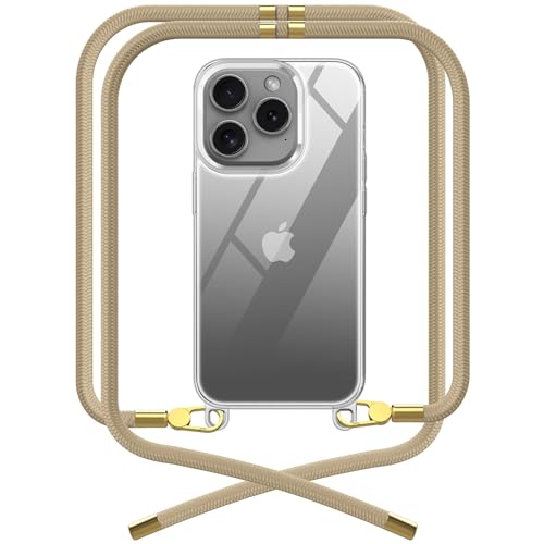 OLEPHY [Upgraded Premium Handykette für Apple iPhone 15 Pro Hülle mit Band | Transparente Handyhülle mit hochwertiger Abnehmbarer Kordel zum Umhängen - Smartphone Necklace [Golden] von OLEPHY
