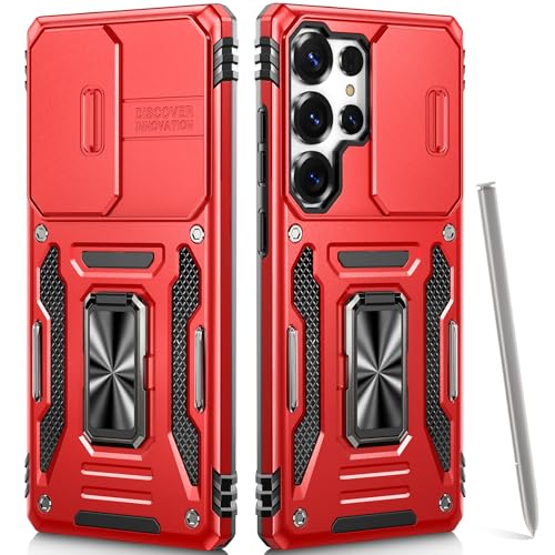 OLHAOMAO Hülle für Galaxy S23 Ultra mit Ständer,[Magnetischer Ringständer][Schiebebare Kameraabdeckung] Militärische Objektivschutzhülle für Samsung S23 Ultra 6,8",Rot von OLHAOMAO