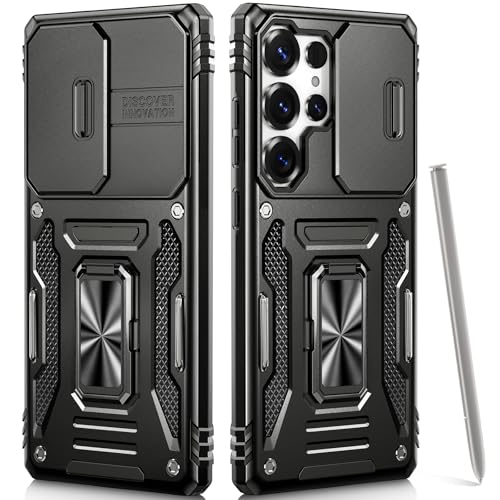 OLHAOMAO Hülle für Galaxy S24 Ultra mit Ständer,[Magnetischer Ringständer][Schiebebare Kameraabdeckung] Militärische Objektivschutzhülle für Samsung S24 Ultra 6,8",Schwarz von OLHAOMAO