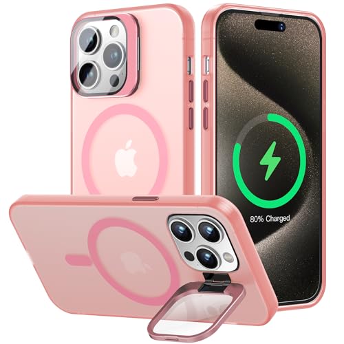 OLHAOMAO für iPhone 15 Pro Max Hülle für MagSafe mit Kameraschutz Unsichtbar Ständer, Dünn Magnetische Stoßfeste Handyhülle für iPhone 15 Pro Max Schutzhülle für iPhone 15 Pro Max Case Matte Rosa von OLHAOMAO