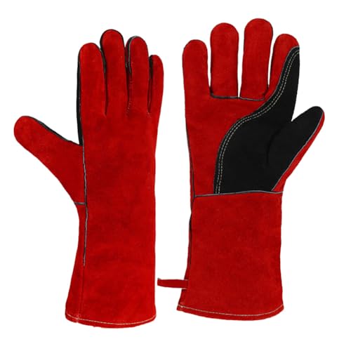 OLSON DEEPAK Premium-Leder-Schweißerhandschuhe Hitze-/Feuerbeständig, Handschuhe für Ofen/Grill/Kamin/Ofen/Herd/Topfhalter/Hochleistungs-/Bissfester Handschuh (Braun) (Rot) von OLSON DEEPAK