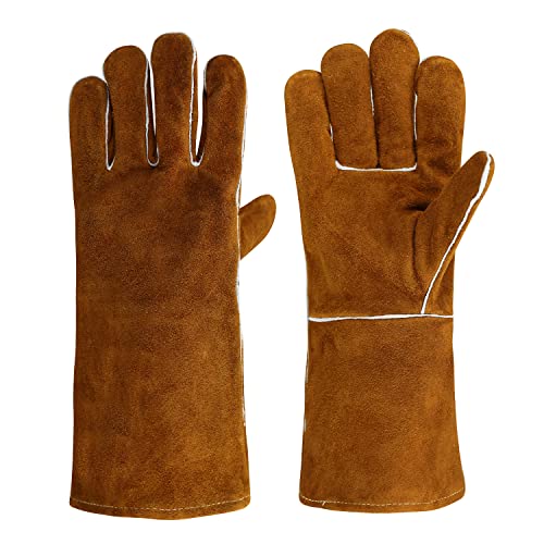 OLSON DEEPAK Premium-Leder-Schweißerhandschuhe Hitze-/Feuerbeständig, Handschuhe für Ofen/Grill/Kamin/Ofen/Herd/Topfhalter/Hochleistungs-/Bissfester Handschuh (Braun) von OLSON DEEPAK