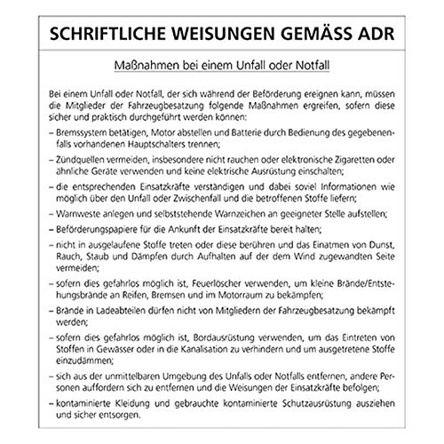 10er Pack Schriftliche Weisungen gemäß ADR Verhaltensregeln LKW Güterverkehr Notfall von OLShop AG
