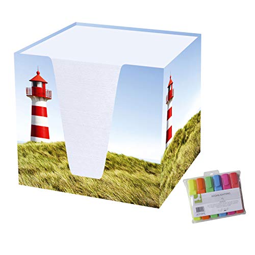 Notizklotz Leuchtturm ca. 900 Blatt inkl. Textmarker verschiedene Farben, Notizwürfel, Notizzettel, Zettelbox, Zettelwürfel von OLShop AG