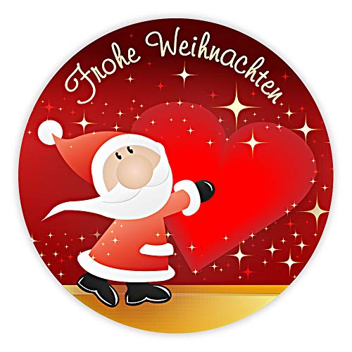 Weihnachtsaufkleber Weihnachtssticker Frohe Weihnachten mit Weihnachtsmann und Herz rund Ø 30 mm, 100 Stück auf Rolle, Haftpapier glänzend von OLShop AG
