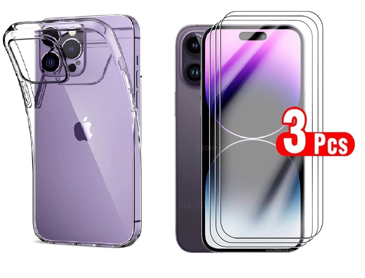 OLi Handyhülle Clear Silikon & 3X Panzer Glas für iPhone 14 Pro Max mit Kamera Schutz 6,7 Zoll, Stoßfeste TPU Silikon & Displayschutz Glas 9H von OLi