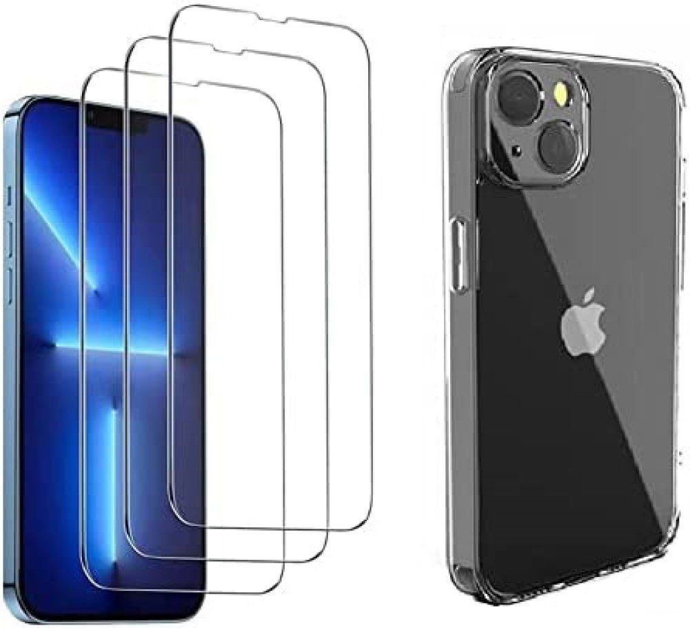 OLi Schutzfolie Silikon Hülle mit 3 X Schutzglas 4in1 für iPhone 13 mit Kamera Schutz, (Spar-Set, 4-St), Displayschutzglas von OLi