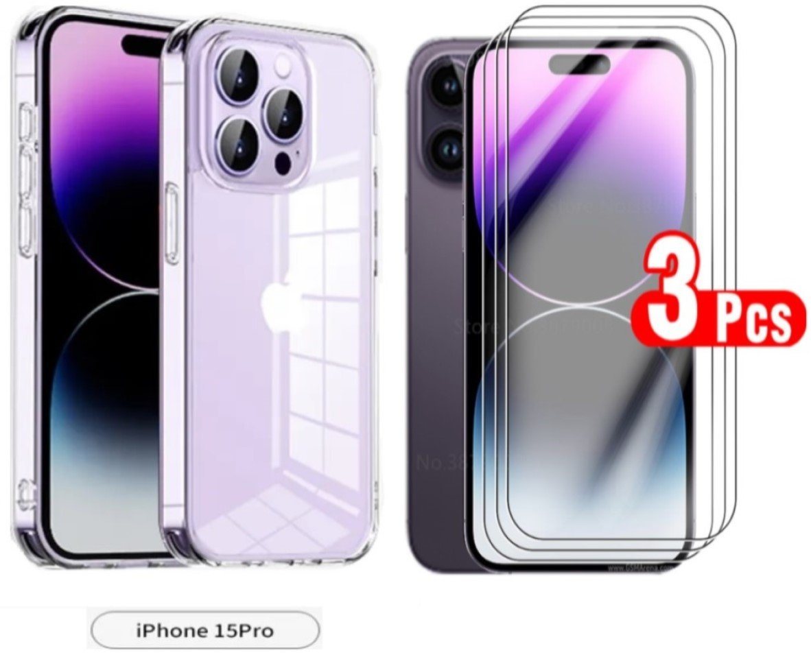 OLi Transparente Silikon Hülle mit 3X Schutzglas für IPhone 15 Pro Max für Apple Iphone 15 Pro Max, Displayschutzglas, Spar-Set, 3 Stück, Stoßfeste TPU Silikon mit Kratzfeste Panzer Schutz von OLi