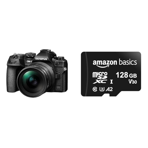 OM SYSTEM OM-1 Micro Four Thirds Systemkamera & Amazon Basics MicroSDXC-Speicherkarte, 128 GB, mit SD-Adapter, A2, U3, 100 MB/s max. Lesegeschwindigkeit, Schwarz von OM SYSTEM