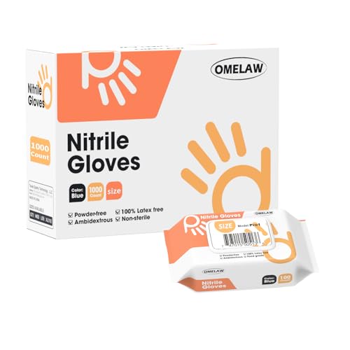 OMELAW S Nitrilhandschuhe, tragbares Paket mit wiederverschließbarer Abdeckung, blau, puderfrei, latexfrei, 10 Box/Karton (klein), 1000 Stück von OMELAW