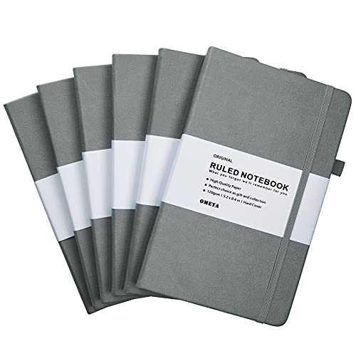 6 pack Journal Notebook, Classic Hardcover Lined Notebooks with 120GSM Premium Thick Paper，College Ruled Faux Leather journal with Pocket, Tag Divider Notes, 5.2 x 8.4 in-grey von OMEYA