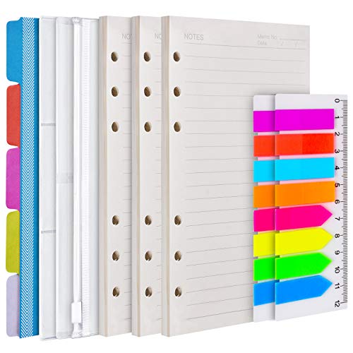 A6 Nachfüllpapier Set, 3er Pack 6 Ring Planer Binder nachfüllbar, 5 Stück Binderteiler, 3 Stück Binder Taschen, 160 Stück Index Tabs mit Lineal, Personal Planner Beilagen für Journal Notebook von OMEYA