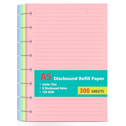 Junior-Größe 8 Discbound Nachfüllpapier, 120 g/m², Discbound 5 bunte Linienpapiere, Discbound Papier, Nachfüllpapier für lose Blätter, Disc-Planer-Einlagen, 300 Blatt/600 Seiten von OMEYA