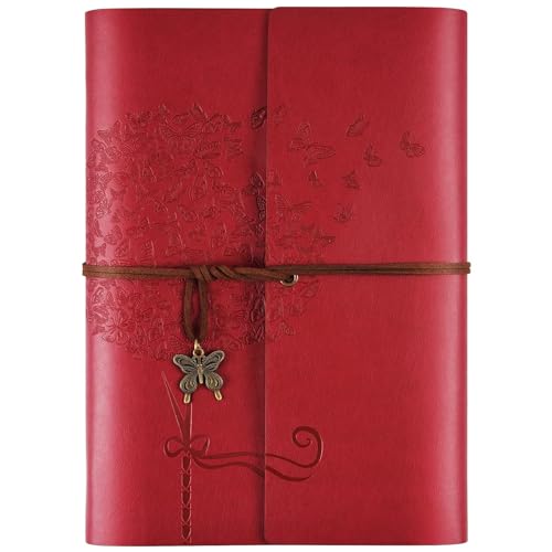 Leder Notizbuch Tagebuch, Nachfüllbares Tagebuch für Frauen Mädchen, liniert Retro Reisende Tagebuch A5 16.5 cm x 23.4cm(rot) von OMEYA