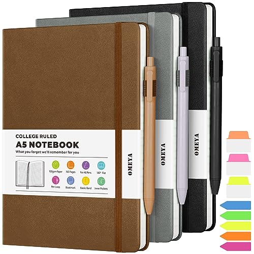 Liniertes Tagebuch, 3 Stück, A5, College-Notizbücher für die Arbeit, Hardcover-Notizbuch mit je 2 Taschen und Stift, Leder-Tagebuch für Damen, Herren, 160 Seiten, 100 g/m² dickes Papier (Schwarz, von OMEYA