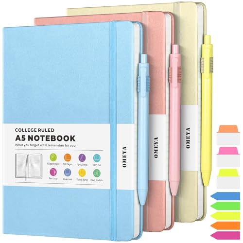 Liniertes Tagebuch, 3 Stück, A5, College-Notizbücher für die Arbeit, Hardcover-Notizbuch mit je 2 Taschen und Stift, Leder-Tagebuch für Damen und Herren, 160 Seiten, 100 g/m² dickes Papier von OMEYA