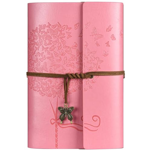 OMEYA Leder Notizbuch Tagebuch, Nachfüllbares Tagebuch für Frauen Mädchen, liniert Retro Reisende Tagebuch A6 13 x 18,5 cm(rosa) von OMEYA