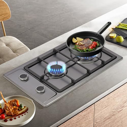 Gaskochfeld 2 Flammig Edelstahl Gaskocher für Gasflasche Einbau oder freistehend Gasherd für Jedes Kochgeschirr Geeignet für Camping, Zuhause & Wohnmobil, LPG/Erdgas (Schwarz) von OMGGYER