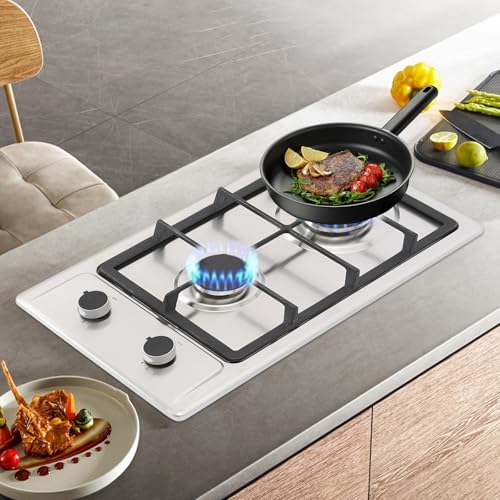 Gaskochfeld 2 Flammig Edelstahl Gaskocher für Gasflasche Einbau oder freistehend Gasherd für Jedes Kochgeschirr Geeignet für Camping, Zuhause & Wohnmobil, LPG/Erdgas (Silber) von OMGGYER
